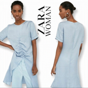 Zara ruched front slit midi long satin  tunic light blue XS